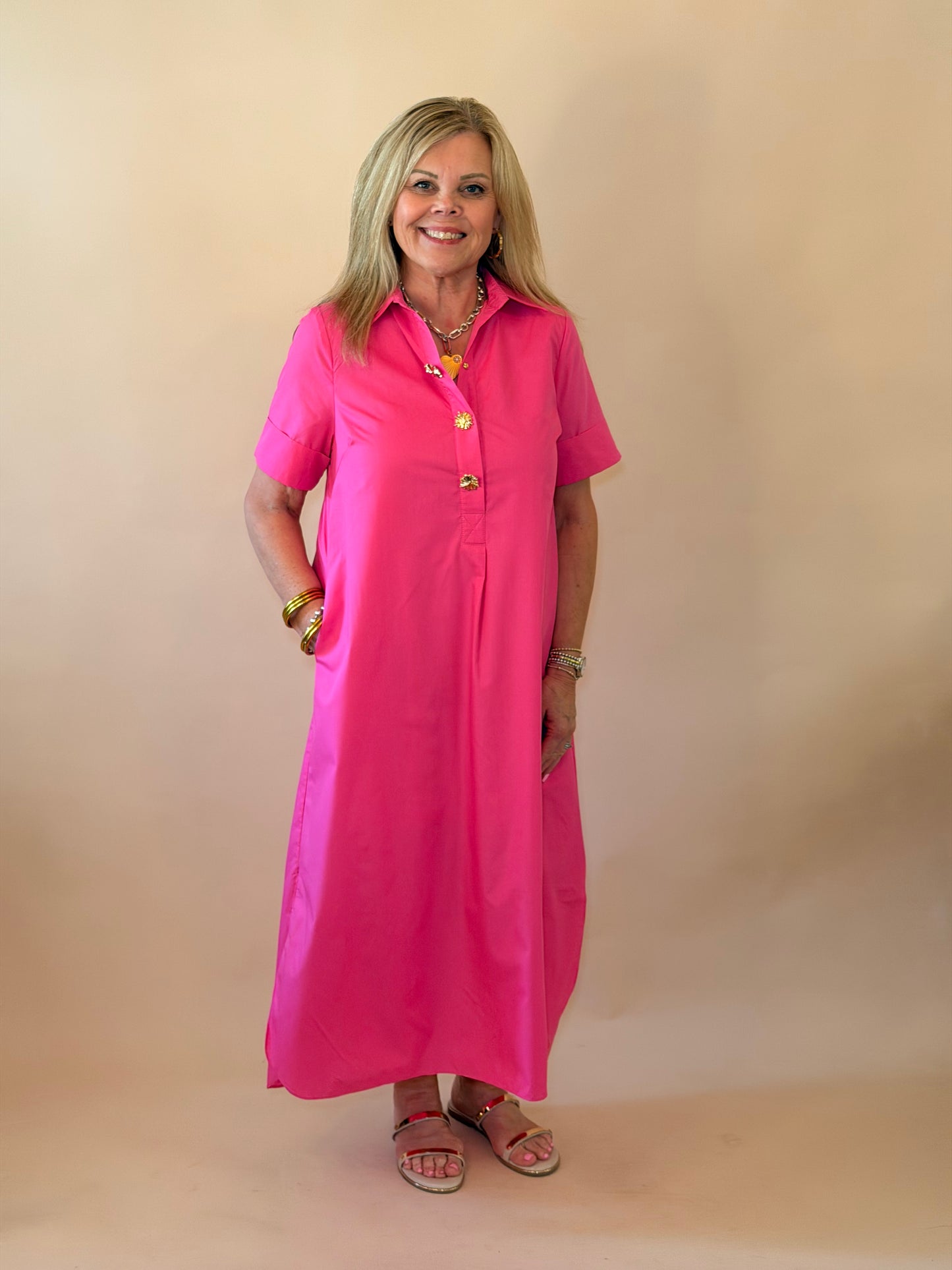 Hot Pink Gold Button Detail Dress