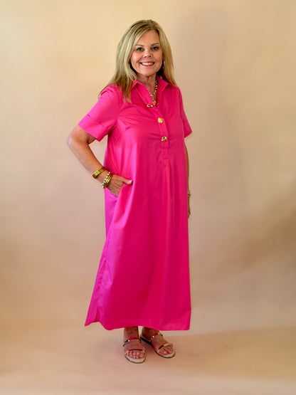 Hot Pink Gold Button Detail Dress
