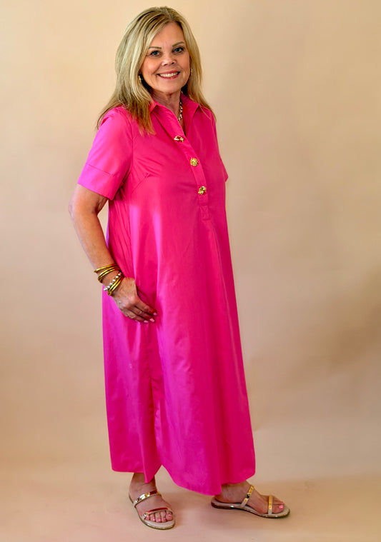 Hot Pink Gold Button Detail Dress