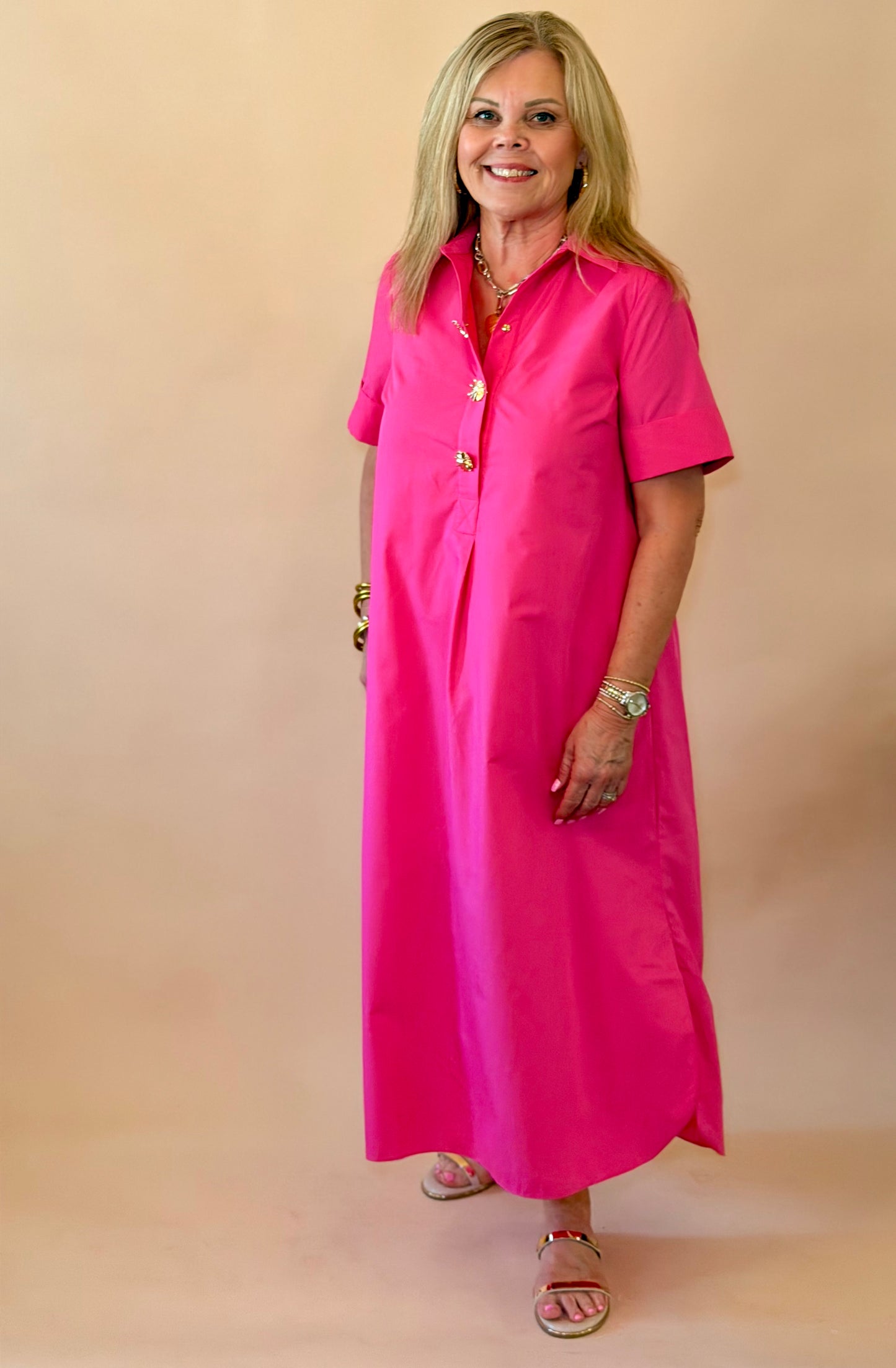 Hot Pink Gold Button Detail Dress