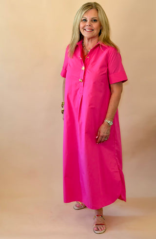 Hot Pink Gold Button Detail Dress