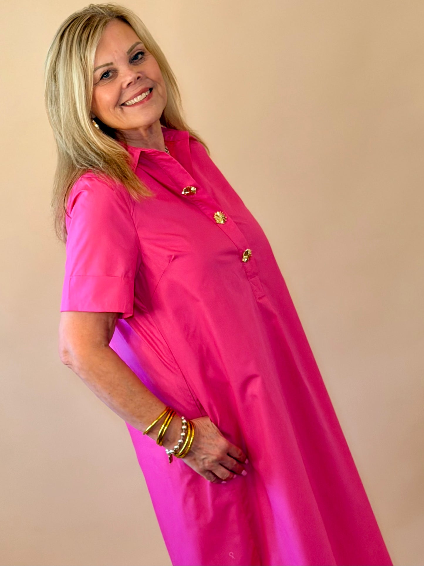 Hot Pink Gold Button Detail Dress