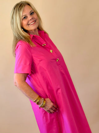 Hot Pink Gold Button Detail Dress