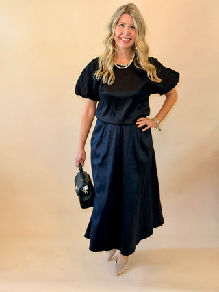 Black Taffeta Davina Midi Skirt