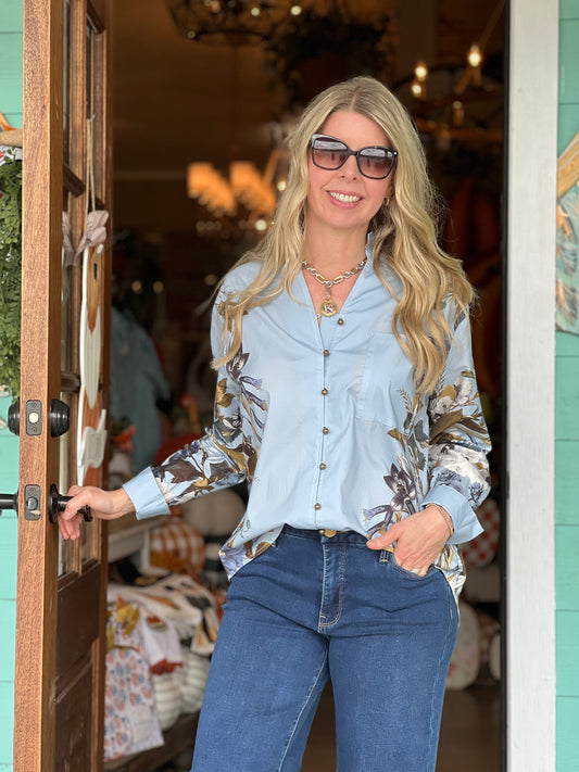 Chambray Floral Button Down Top