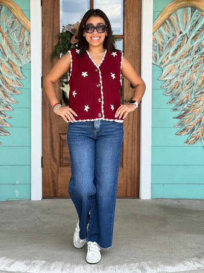 Maroon Embroidered Flower Sweater Vest