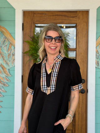 Black Maxi Taupe Plaid Collar Detail Dress