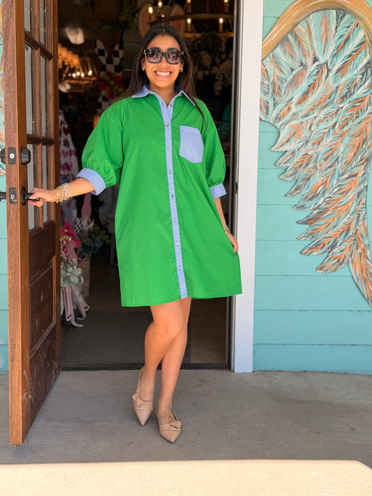 Green w/Blue Stripe Detail Dress