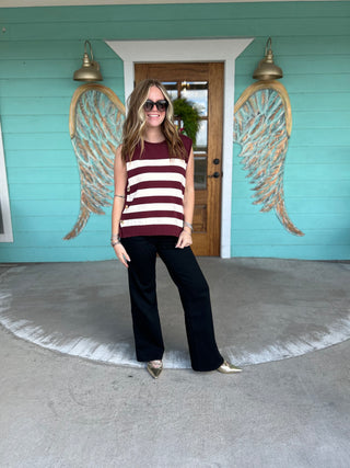 Wine Stripe Sweater Top Gold Buttons