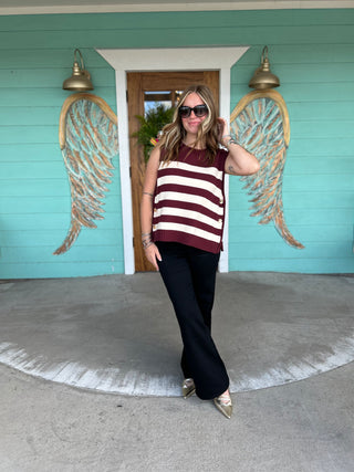 Wine Stripe Sweater Top Gold Buttons