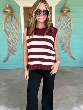 Wine Stripe Sweater Top Gold Buttons