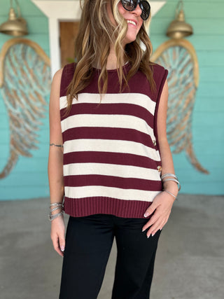 Wine Stripe Sweater Top Gold Buttons