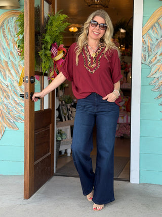 Burgundy Dolman Leopard Trim Top