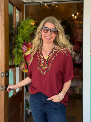 Burgundy Dolman Leopard Trim Top