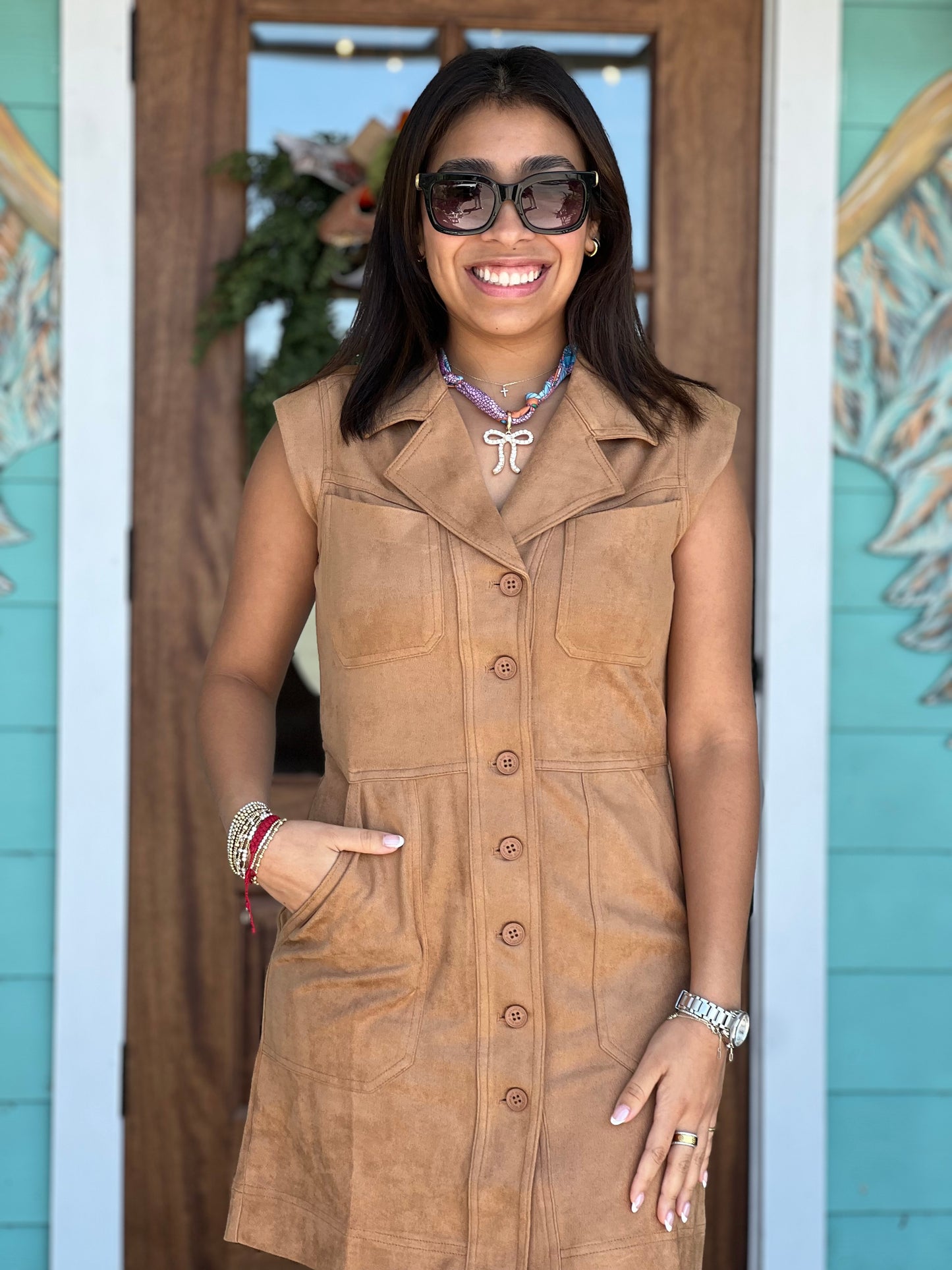 Camel Faux Suede Button Dress