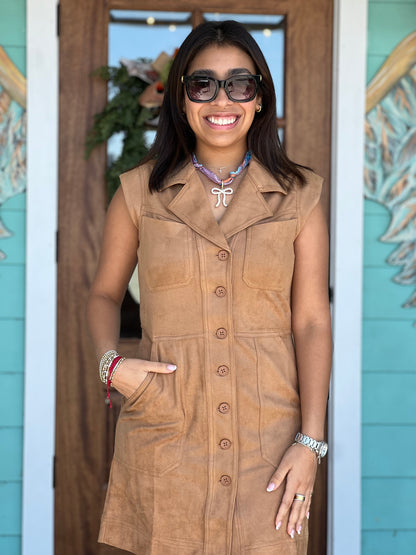Camel Faux Suede Button Dress