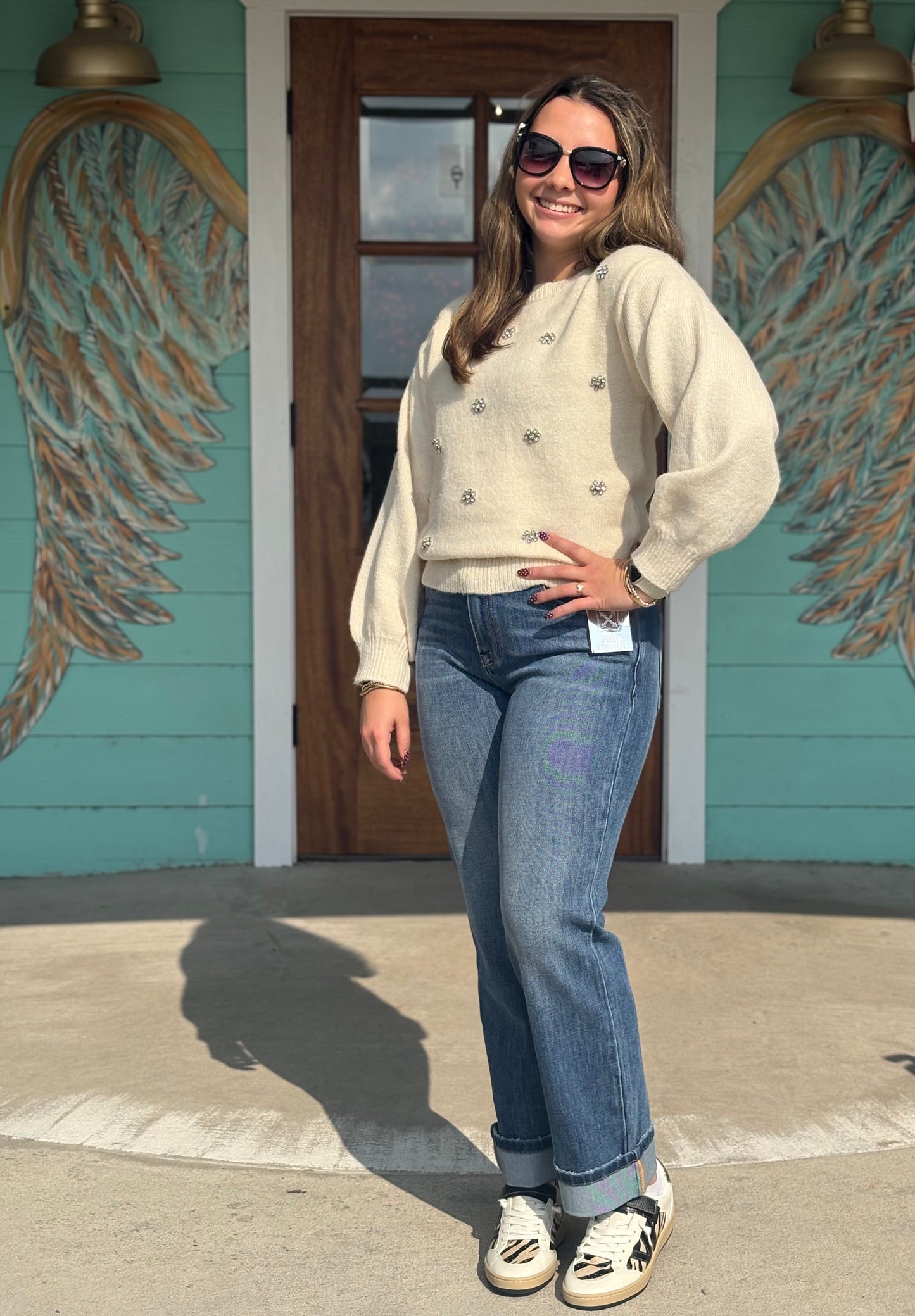 Ivory Rhinestone Flower Sweater