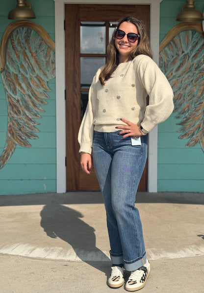 Ivory Rhinestone Flower Sweater