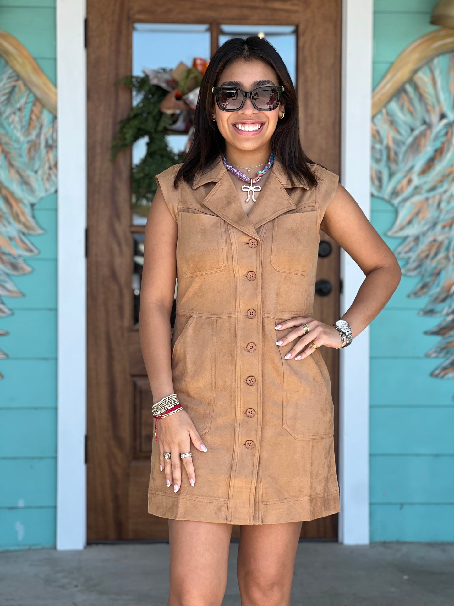 Camel Faux Suede Button Dress