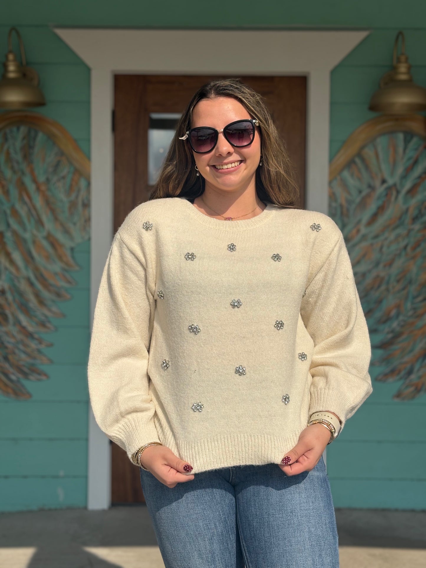 Ivory Rhinestone Flower Sweater