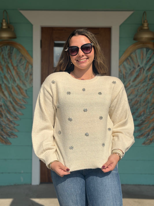 Ivory Rhinestone Flower Sweater