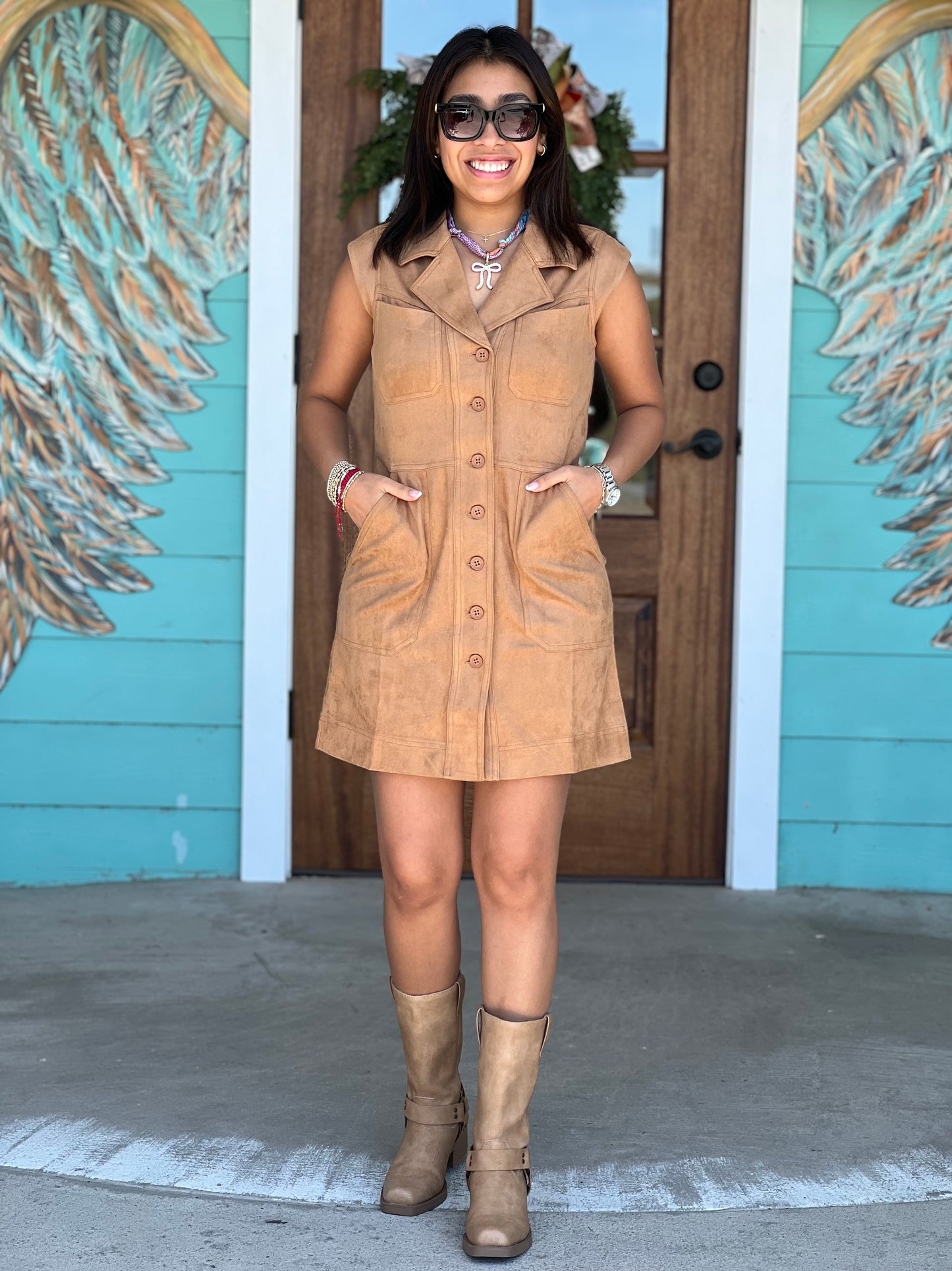 Camel Faux Suede Button Dress