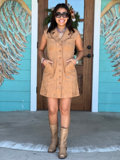 Camel Faux Suede Button Dress