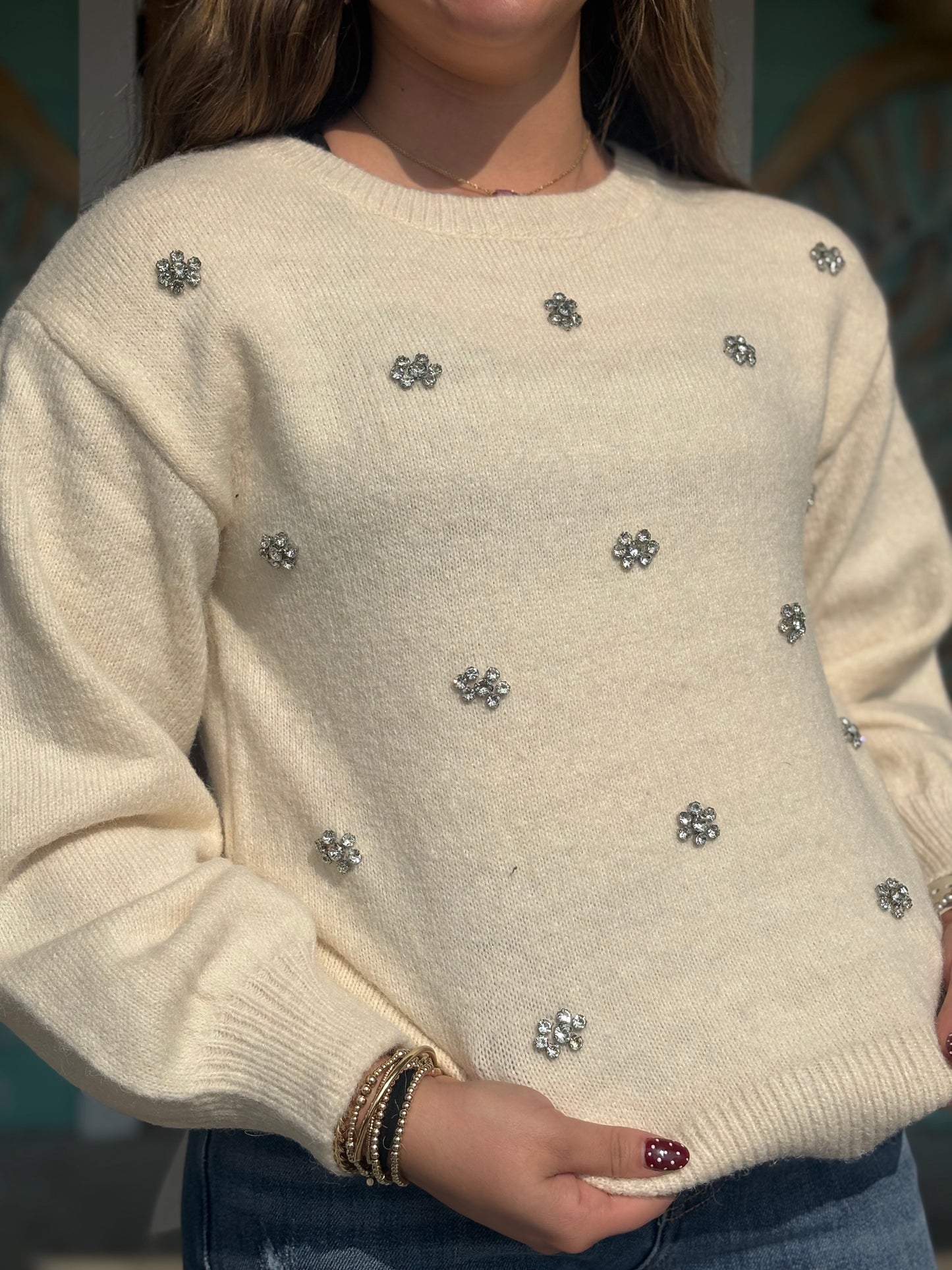 Ivory Rhinestone Flower Sweater