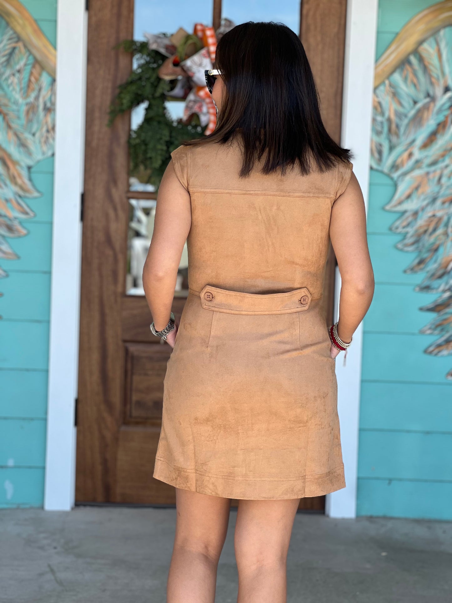 Camel Faux Suede Button Dress