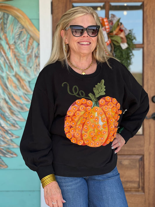 Queen of Sparkles Orange Sequin Pumpkin Sweatshirt
