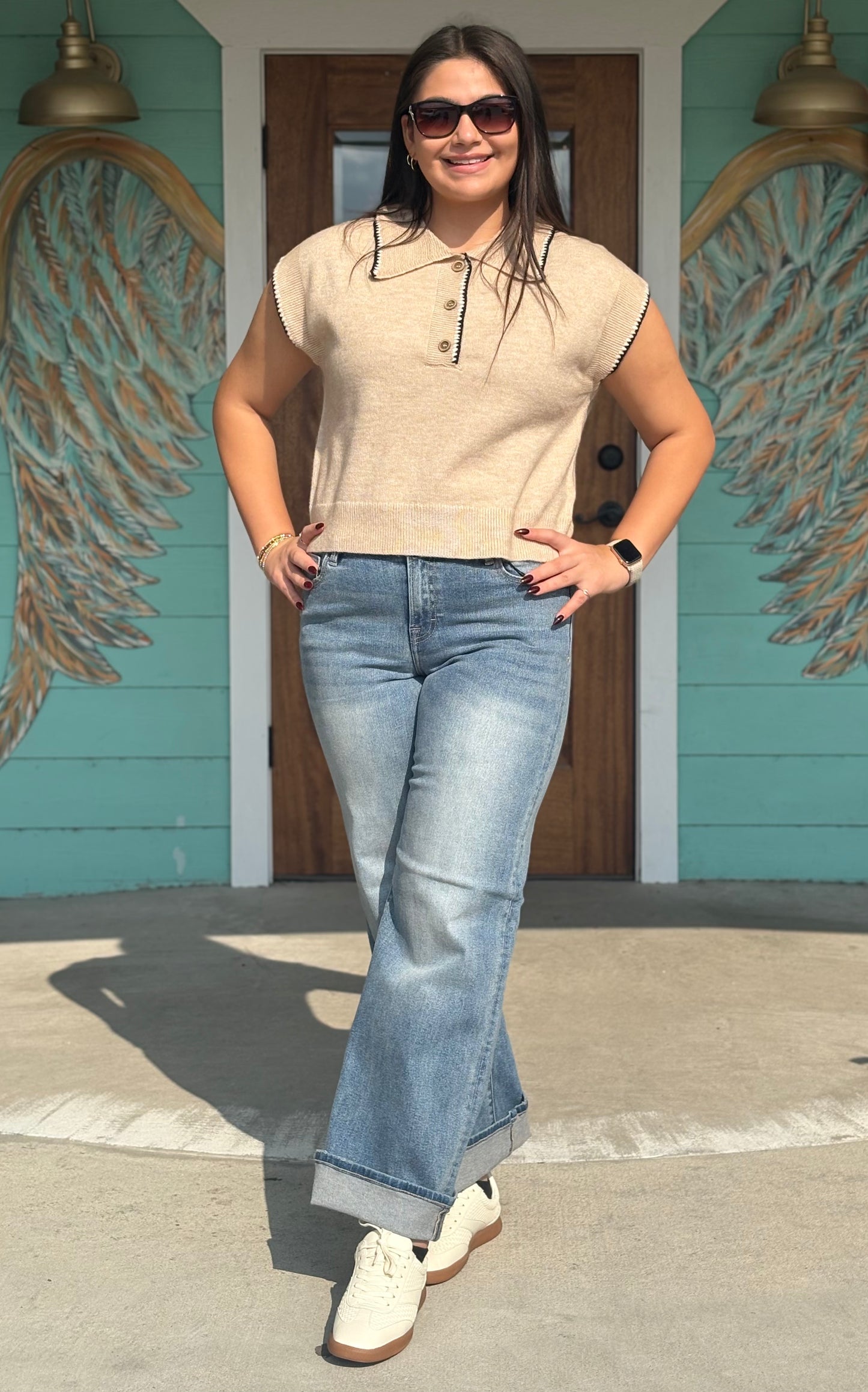 Oatmeal Contrast Trim Top