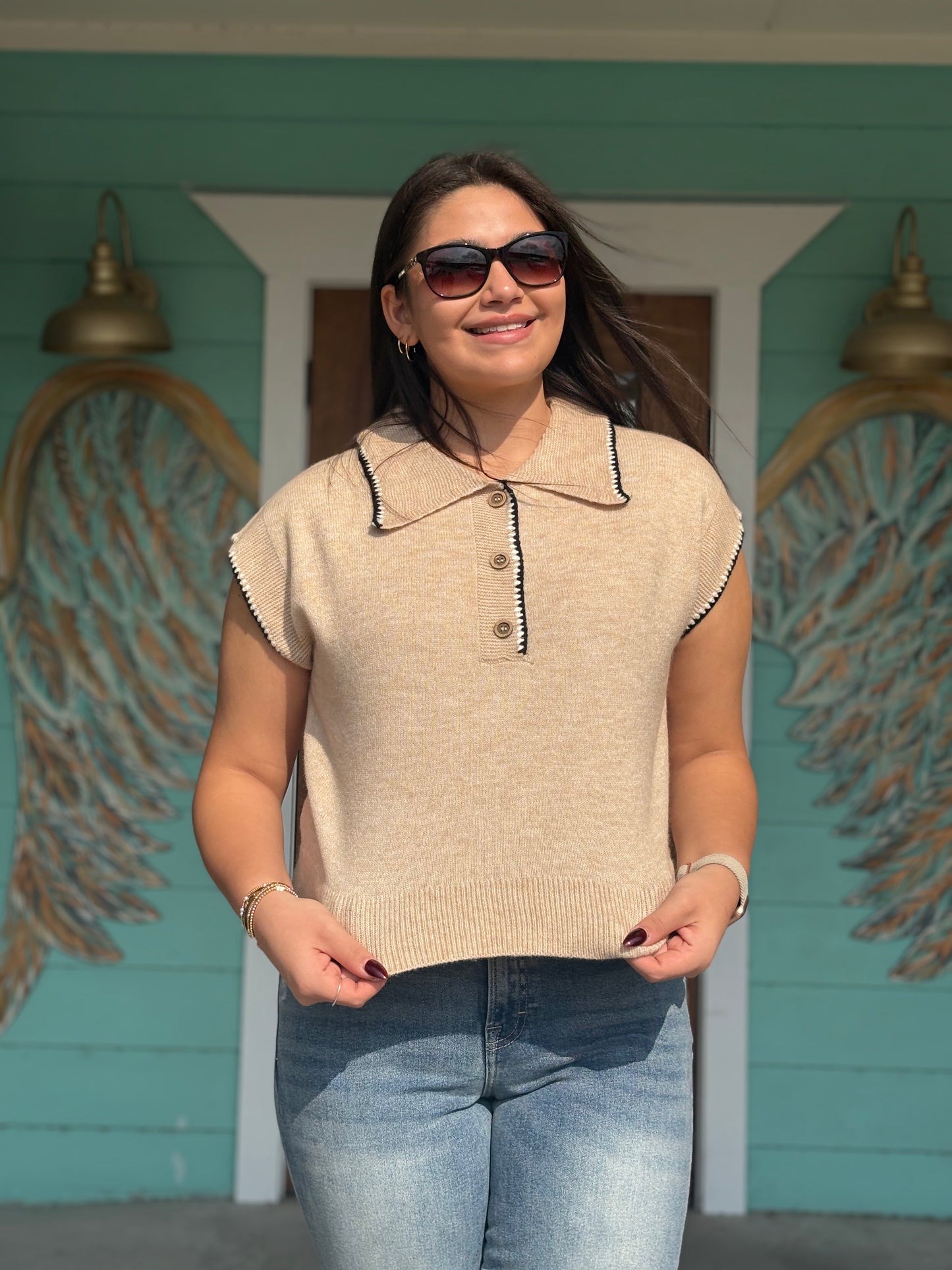 Oatmeal Contrast Trim Top