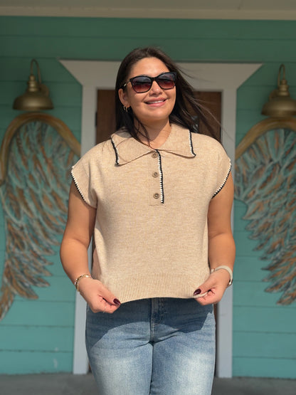 Oatmeal Contrast Trim Top