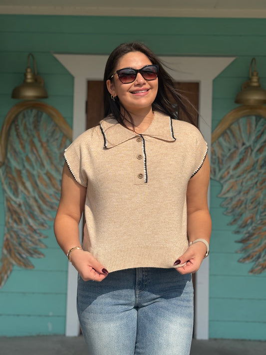 Oatmeal Contrast Trim Top
