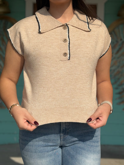Oatmeal Contrast Trim Top