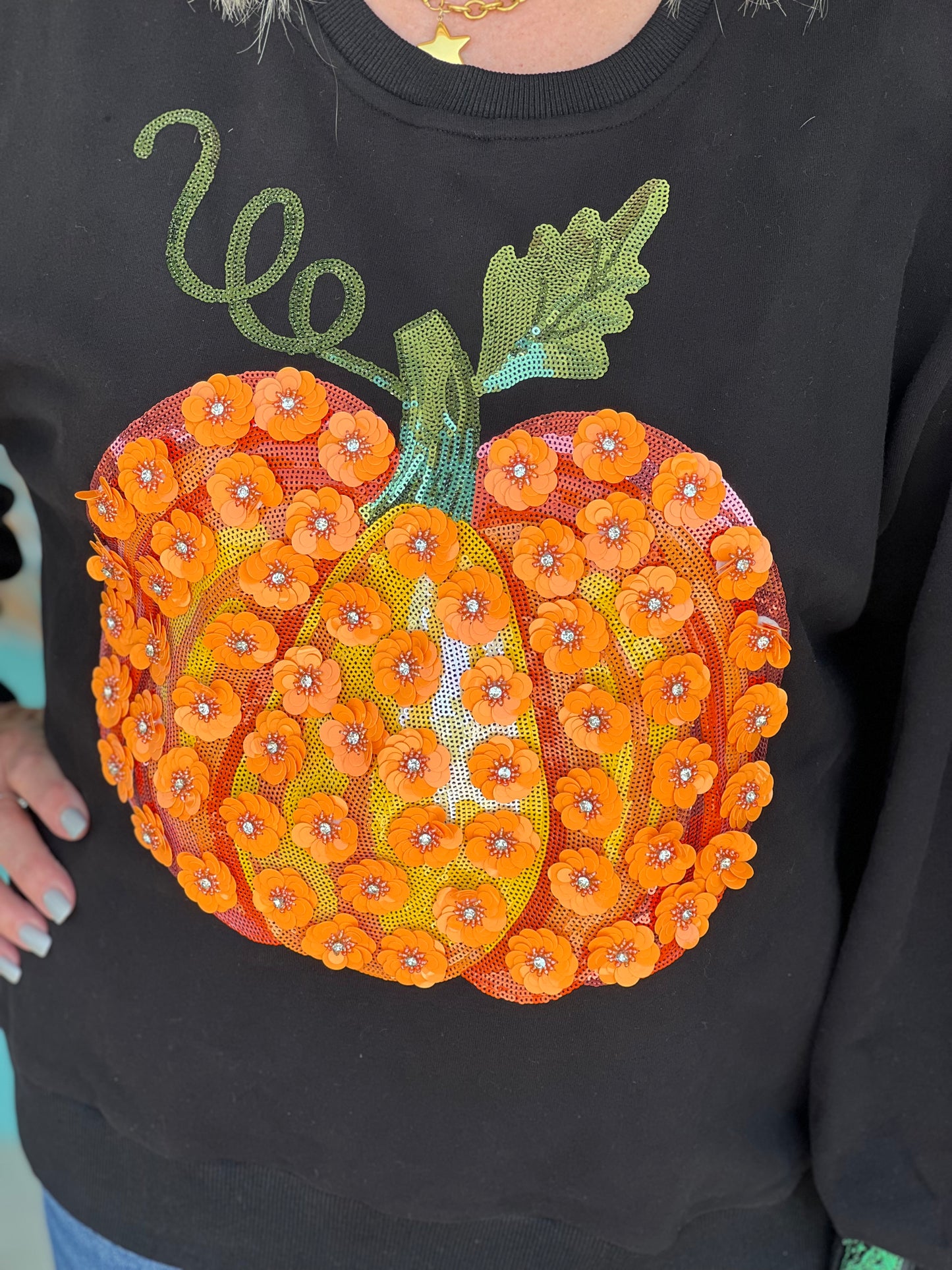 Queen of Sparkles Orange Sequin Pumpkin Sweatshirt