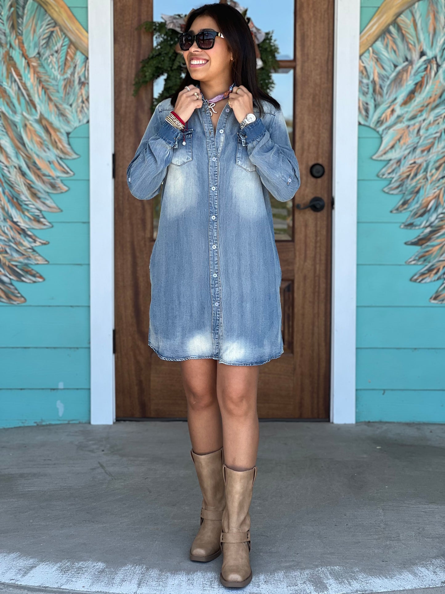Tencel Denim Long Sleeve Shirt Dress