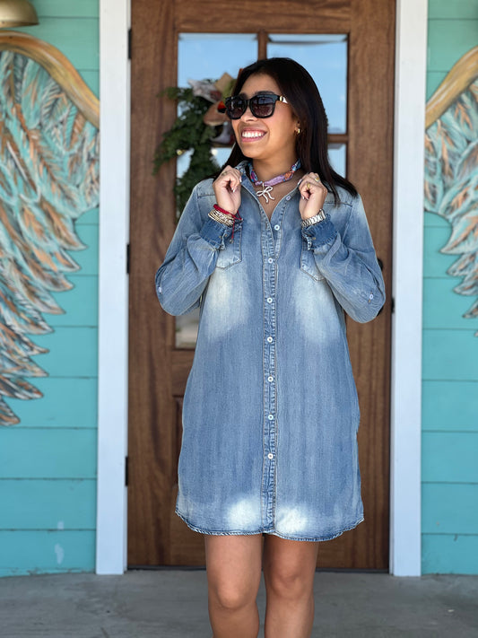 Tencel Denim Long Sleeve Shirt Dress