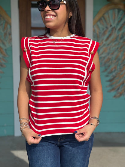Red Striped Gold Button Top