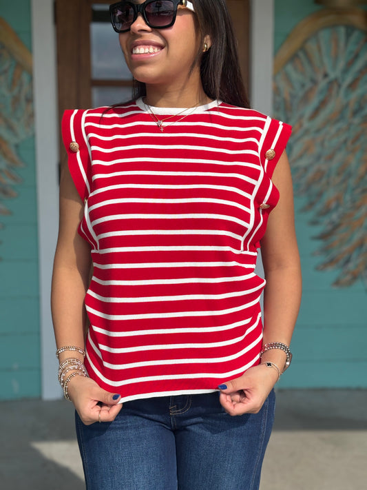 Red Striped Gold Button Top