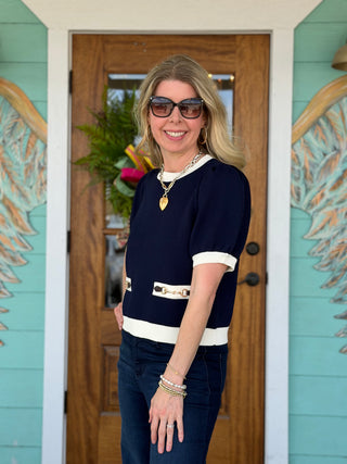 Navy Gold Bit Detail Top