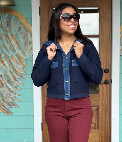 Navy Denim Trim Cardi Jacket