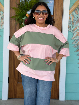 Peony & Green Color Block Top