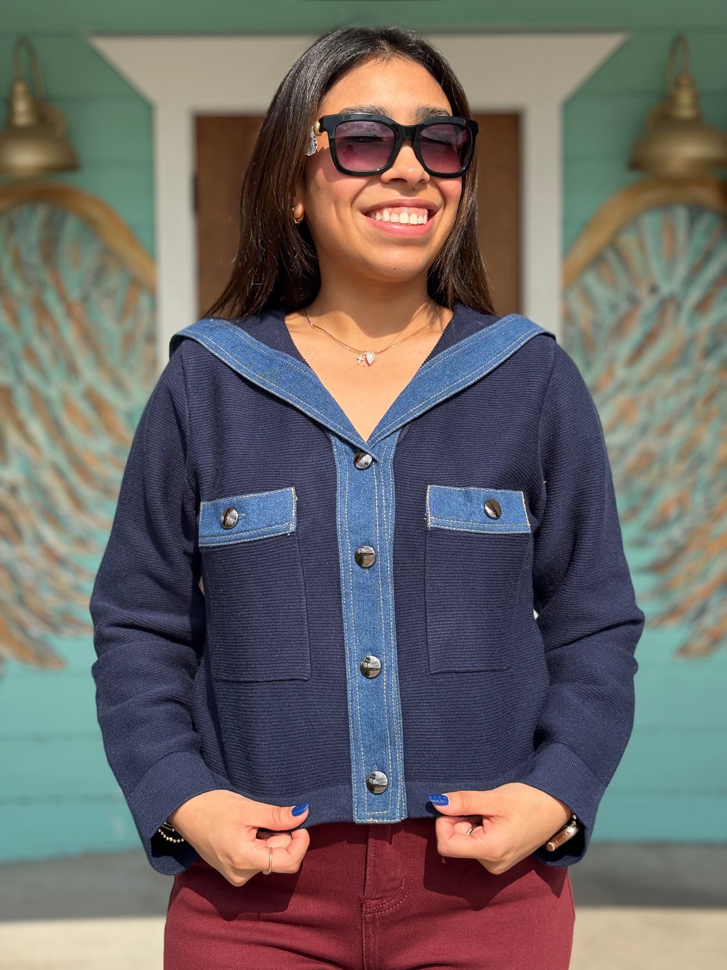 Navy Denim Trim Cardi Jacket