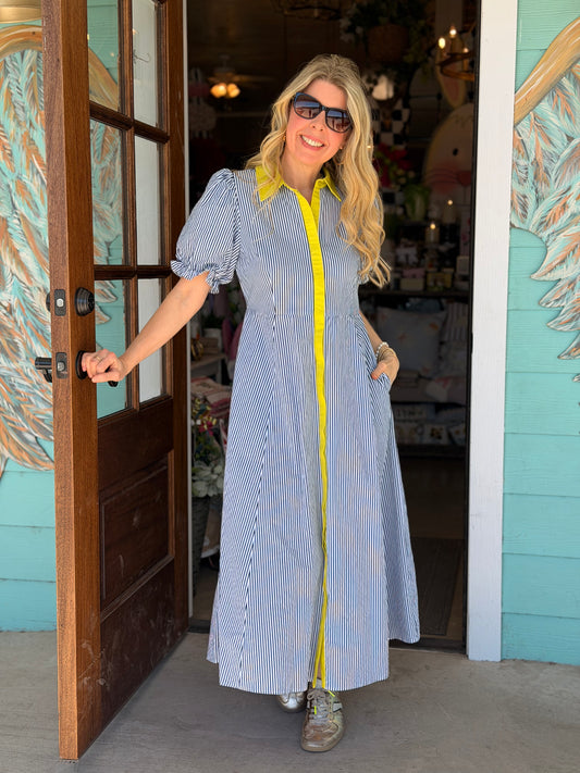 Navy Stripe Lime Trim Dress