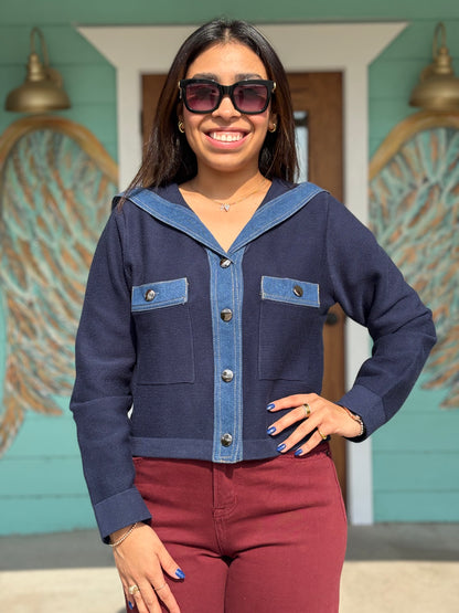 Navy Denim Trim Cardi Jacket
