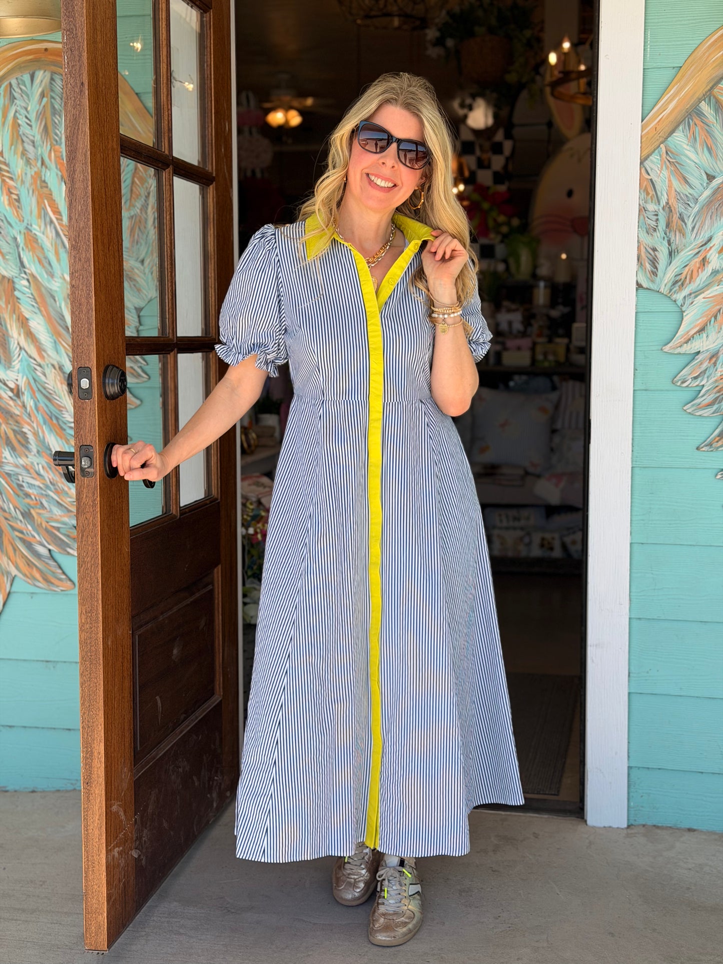 Navy Stripe Lime Trim Dress