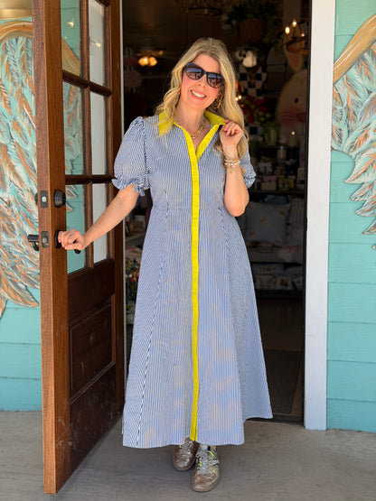 Navy Stripe Lime Trim Dress