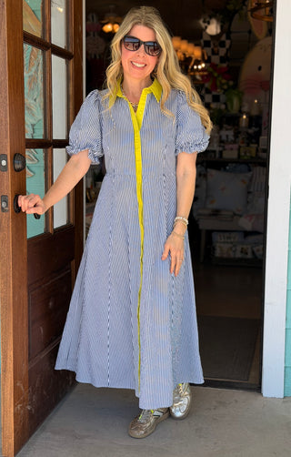 Navy Stripe Lime Trim Dress