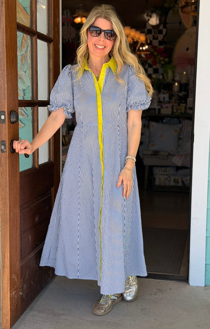 Navy Stripe Lime Trim Dress